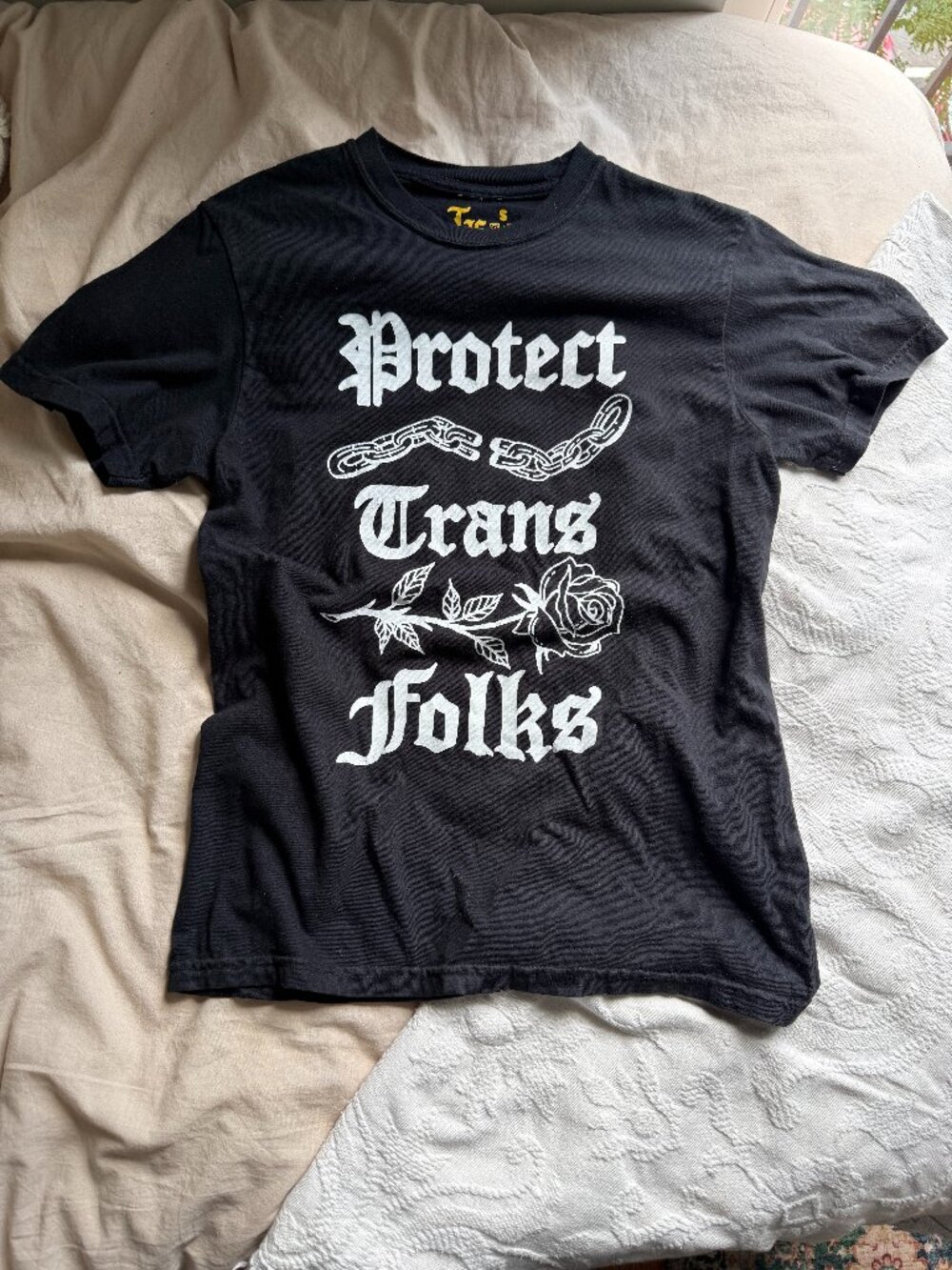 Protect Trans Folks Faded Black Graphic T-Shirt Trans Owned Queer Made Small